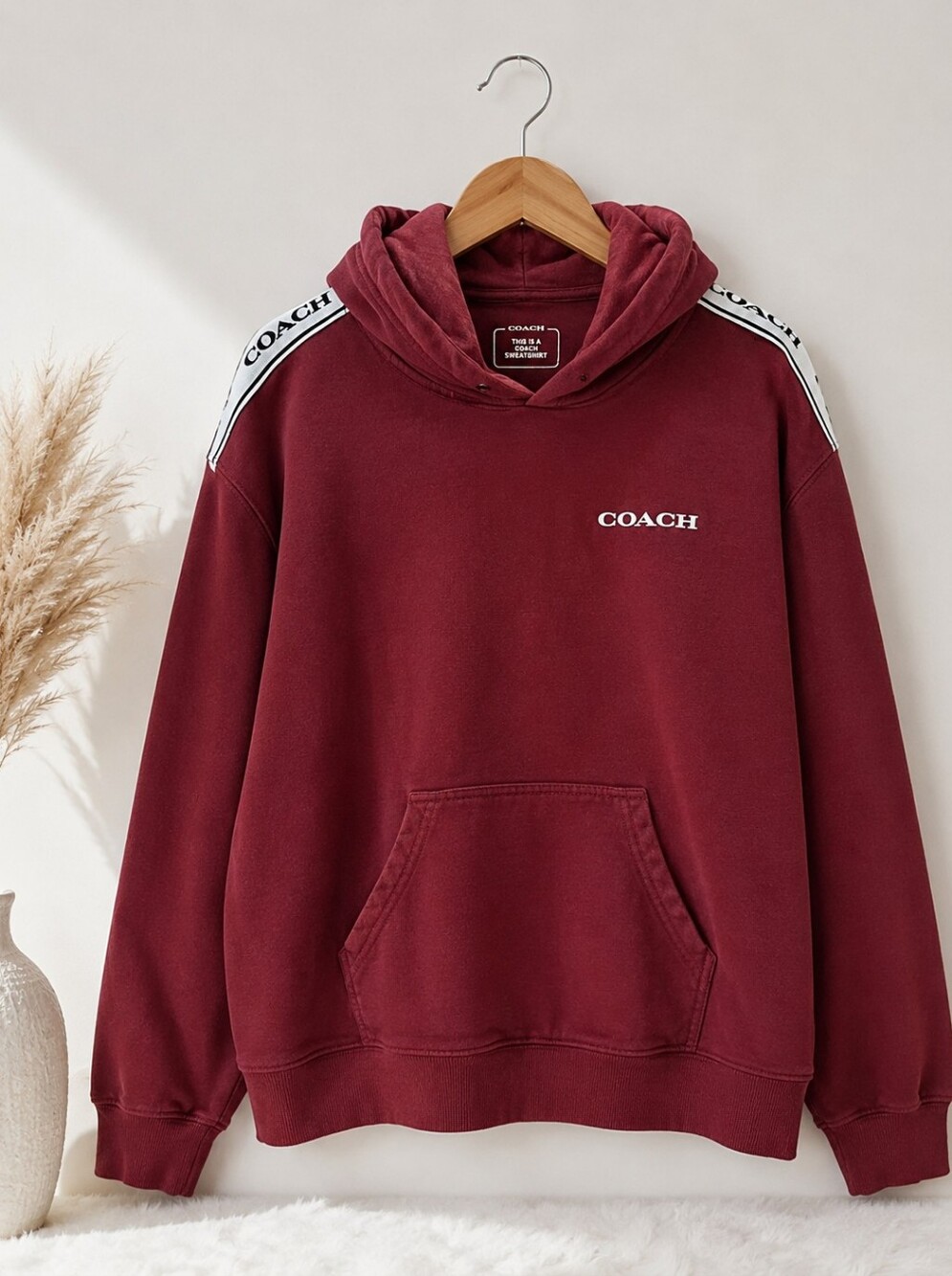 Coach Logo Tape Hoodie Burgundy